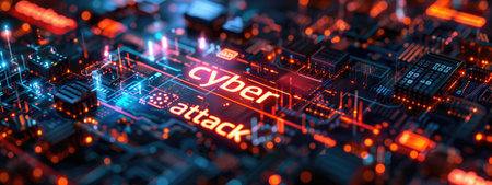 High-tech circuit board with "cyber attack" text illuminated in neon colors and electric sparks. Represents cyber security threats and digital warfare concepts.の素材