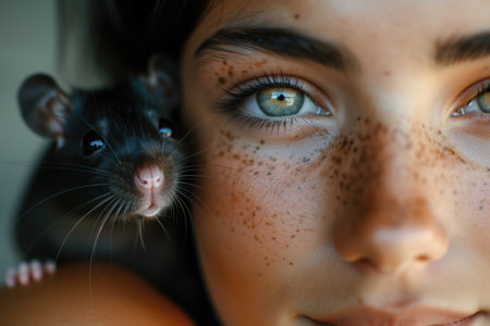 Close-up of a woman with freckles and bright eyes next to a black pet rat. Concepts of human-animal connection, unique beauty, and companionship.の素材