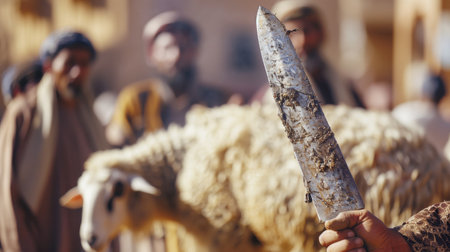 Close-up of a knife with dirt, blurred shepherds and sheep in the background. Captures concepts of agriculture, livestock and traditional farming practices.の素材