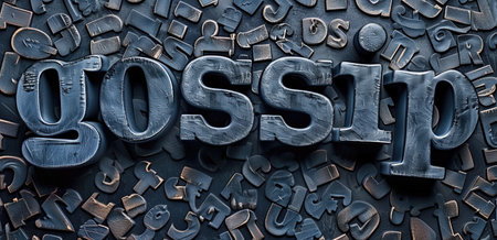 Large word "gossip" in bold letters surrounded by scattered smaller letters on a dark background. Concepts of communication, rumor, and social interaction.の素材
