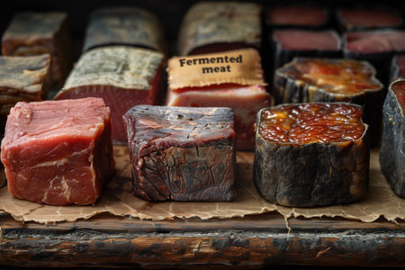 Various types of fermented meat cubes arranged on parchment paper in a rustic setting. Concepts of traditional preservation, culinary diversity, and gourmet food.の素材