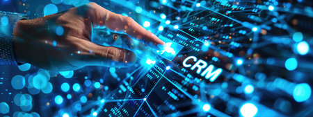 Hand pointing at digital CRM interface with futuristic data visualization and blue neon lights. Concepts of customer relationship management, technological advancement, and business efficiency.の素材