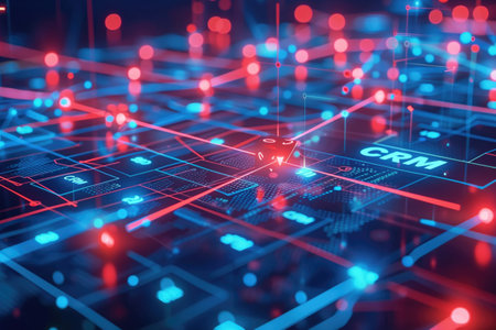 A glowing digital interface with CRM and connected pathways highlighted in red and blue. Concepts of customer relationship management, technology integration, and data visualization.の素材