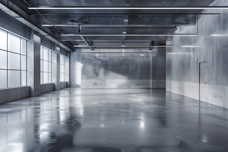 Modern industrial interior of an empty, shiny concrete warehouse with large windows and metal finishes. Concepts of spaciousness, potential commercial use, and industrial architecture.の素材