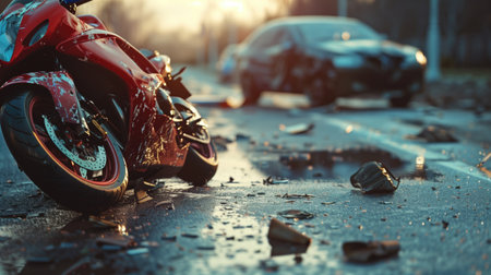 Red motorcycle lying on the wet road with a damaged car in the background during sunset. Concepts of traffic accidents, collisions, and road safety awareness.の素材