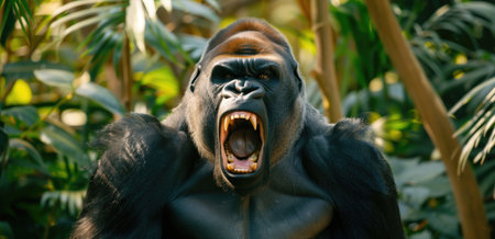 Fierce gorilla baring its teeth amidst lush green jungle, showcasing raw power and intense emotion. Concepts of wildlife, aggression, and natural habitats.の素材