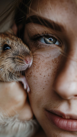 Close-up of a woman affectionately holding a small rodent next to her face with freckles visible. Highlights concepts of bond with animals, intimate moments, and natural beauty.の素材