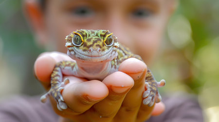 Child holding a colorful gecko in their hands with an out-of-focus natural background. Concepts of nature, wildlife, and childhood curiosity.の素材