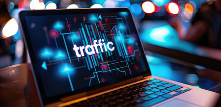 Laptop screen displaying "traffic" with abstract neon lights in the background. Concepts of digital traffic, technology, and data analytics.の素材