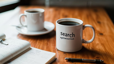 Two cups of coffee on a wooden table, one labeled "search optimization," next to an open notebook. Concepts of digital marketing, productivity, and focused work.の素材