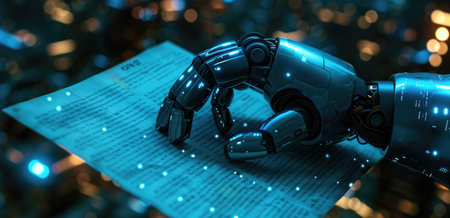 Close-up of a robotic hand holding a document with digital city lights in the background. Concepts of artificial intelligence, technology, and futuristic innovation.の素材