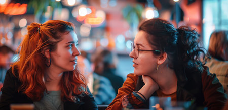 Two young women having a gossip conversation in a vibrant cafe with blurred background lights. Concepts of friendship, communication, and social interactionの素材