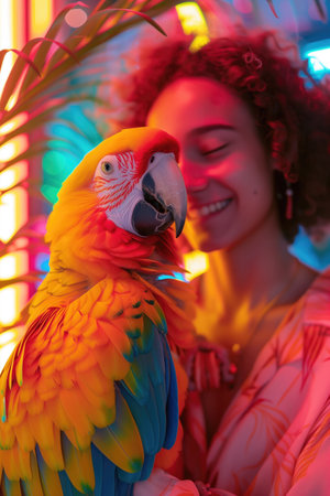 Smiling woman with curly hair holding a colorful parrot against a vibrant neon background. Concepts of exotic pets, vibrant wildlife, and happiness.の素材