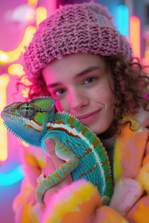Smiling woman in a vibrant outfit holding a colorful chameleon against a neon backdrop. Concepts of pets, fashion, and unique companionship.の素材