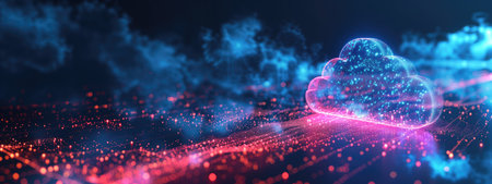 Futuristic digital cloud surrounded by glowing data points in a dark background. Represents cloud computing, advanced technology, and data visualization concepts.の素材