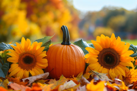 Bright orange pumpkin and vibrant sunflowers amidst autumn leaves with a blurred background. Concepts of fall harvest, seasonal decor, and natural beauty.の素材