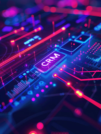 Neon-lit digital interface with CRM button and futuristic graphics. Concepts of customer relationship management, technology, and data analysisの素材