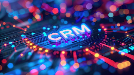 Neon-lit "CRM" text on a virtual computer circuit in a vibrant, futuristic background. Concepts of customer relationship management, technology integration, and digital transformationの素材