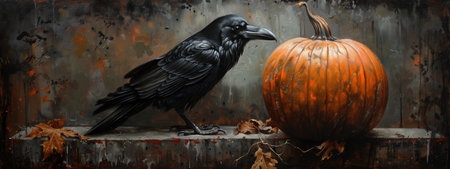 Black crow next to a large pumpkin with fallen leaves on a rustic surface. Concepts of autumn, nature, and seasonal changes.の素材