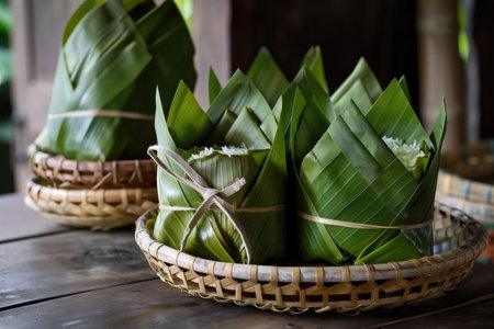 Coconut leaf-wrapped Ketupat placed in woven baskets on a wooden table. Concepts of traditional food, cultural heritage, and natural packaging.の素材