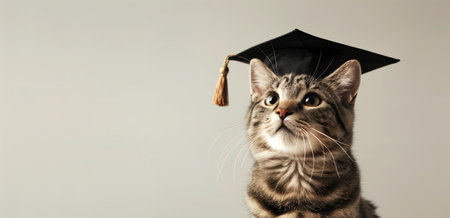 Adorable tabby cat wearing graduation cap with a neutral background. Concepts of education, achievement, and playful pets.の素材