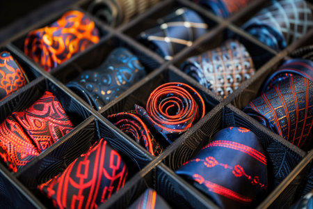 Close-up of a carefully organized collection of colorful neckties in a display box. Concepts of fashion, organization, and varietyの素材