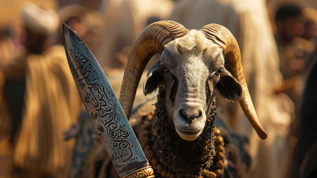 Close-up of a decorated sacrificial ram with large curved horns and an ornate sword in the background. Concepts of cultural heritage, tradition, and Eid al-Adhaの素材