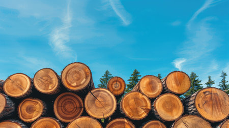 Pile of freshly cut timber logs stacked under a bright blue sky with scattered clouds. Concepts of forestry, natural resources, and sustainable logging.の素材