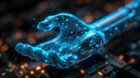 Futuristic holographic hand composed of blue digital particles reaching out against a blurred digital background. Concepts of advanced technology, AI, virtual reality, and digital interaction.の素材