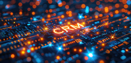 CRM glowing text on a digital circuit board with bokeh lights in the background. Concepts of customer relationship management, technology, and data integration.の素材