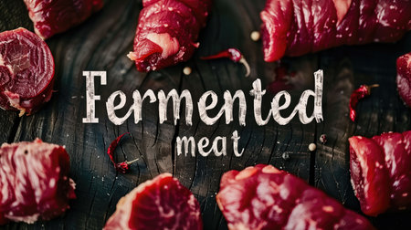 Close-up of fermented meat on dark wooden surface with spices scattered around. Concepts of gourmet cuisine, food preservation, and culinary tradition.の素材