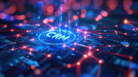 Futuristic CRM interface with glowing network connections on a digital screen. Concepts of technology, customer relationship management, and data integration.の素材