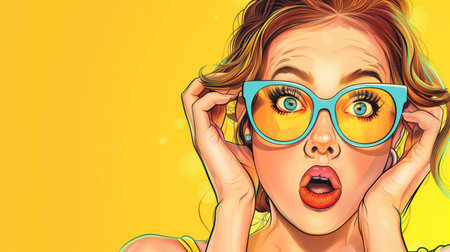 Surprised woman in retro sunglasses posing with open mouth against bright yellow background. Concepts of shock, fashion, retro style, and vibrant expressions.の素材