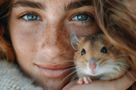 Close-up of a woman with blue eyes and freckles holding a small pet rodent close to her face. Concepts of companionship, pet care, and natural beauty.の素材