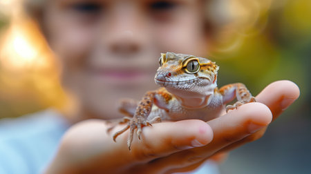 Child holding a gecko in hand with blurred background, showing nature and curiosity. Concepts of exploration, wildlife education, and child's fascination with animals.の素材