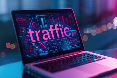 Laptop with the word "traffic" displayed on the screen, background with vibrant city lights. Concepts of online data analysis, digital marketing, and information flow.の素材