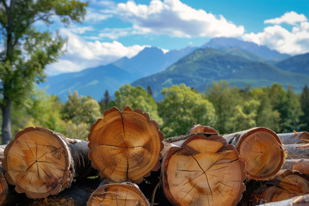 Freshly cut logs stacked with a scenic mountain range and forest in the background. Concepts of logging, nature, and forestry impacts.の素材