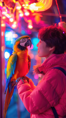 Woman in pink jacket interacting with a colorful parrot under vibrant neon lights. Concepts of urban wildlife, nightlife, and human-animal bond.の素材
