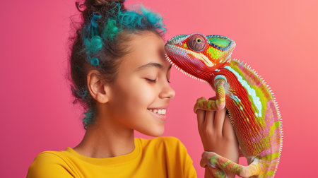 Joyful girl with colorful hair smiling at a vibrant chameleon against a pink background. Concepts of friendship, exotic pets, and lively expressions.の素材