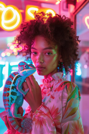 Young woman with curly hair holding a colorful chameleon under neon lights. Concepts of exotic pets, urban style, and vibrant nightlife.の素材