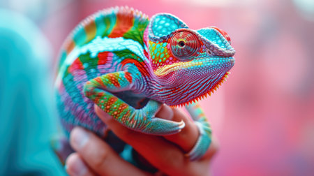 Vibrant chameleon with colorful, patterned scales being held by a person's hand against a blurred background. Concepts of biodiversity, nature's beauty, and unique wildlife.の素材