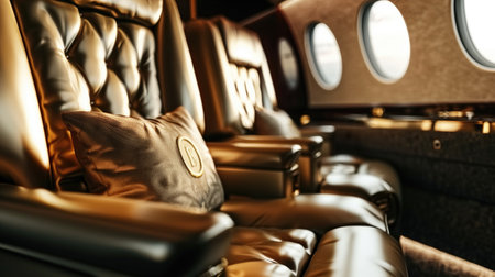 Luxurious leather seats with embroidery in a private jet with round windows. Concepts of luxury travel, comfort, and exclusivity.の素材