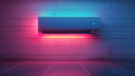 Modern air conditioner unit mounted on a wall with blue and pink neon lighting. Concepts of climate control, technology, and home comfort.の素材