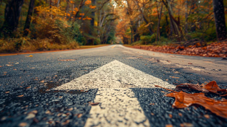 Autumn road with an arrow marking surrounded by colorful fallen leaves and trees. Concepts of travel, direction, and seasonal change.の素材