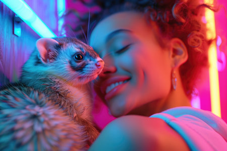 Joyful woman with her pet ferret in vibrant neon lighting setting. Concepts of companionship, joy, and modern aesthetics.の素材
