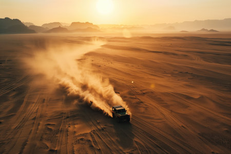 Off-road vehicle speeding through vast desert at sunset with mountainous horizon in the distance. Concepts of adventure, nature exploration, and freedom.の素材
