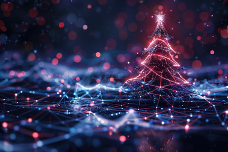 Illuminated Christmas tree with digital neon lights and abstract bokeh background. Concepts of holiday, technology, and modern festive decoration.の素材