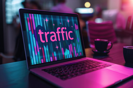 Open laptop displaying vibrant "traffic" text on neon background in dimly lit office setting. Concepts of digital marketing, web analytics, and online engagement strategiesの素材