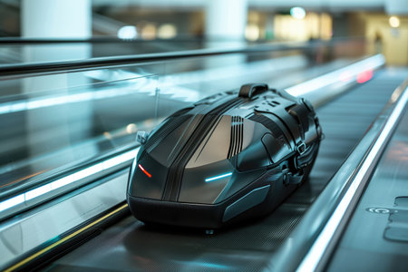 Futuristic black suitcase with sleek design on airport conveyor belt in a modern terminal. Concepts of advanced travel, futuristic design, and modern transportation.の素材