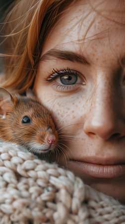 Close-up of a freckle-faced woman snuggled with a small brown mouse wrapped in a cozy sweater. Concepts of human-animal bond, warmth, and gentle companionship.の素材